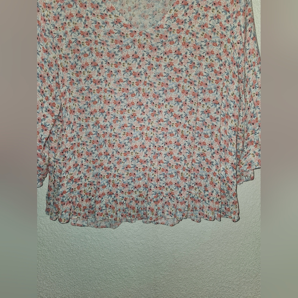 GUC Cynthia Rowley "V-Neck 3/4 Bell Sleeves All Over Floral Ruffle Trim Top" XL - Picture 9 of 12
